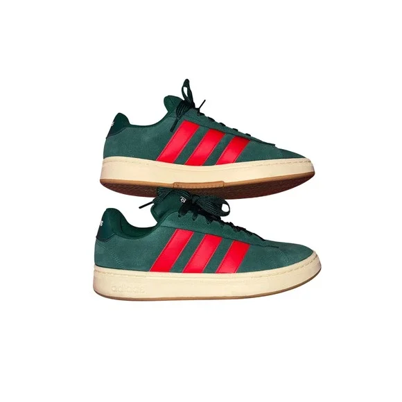 Adidas Grand Court Base 2.0 Dark Green Red Suede Sneakers Cloud Foam Mens 12.5 - Picture 1 of 6